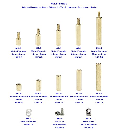 500PCS M2.5 Brass Male-Female Hex Standoffs Spacers Screws Nuts Flat Washers Assortment Kit;Female Lengths:6mm to 25mm