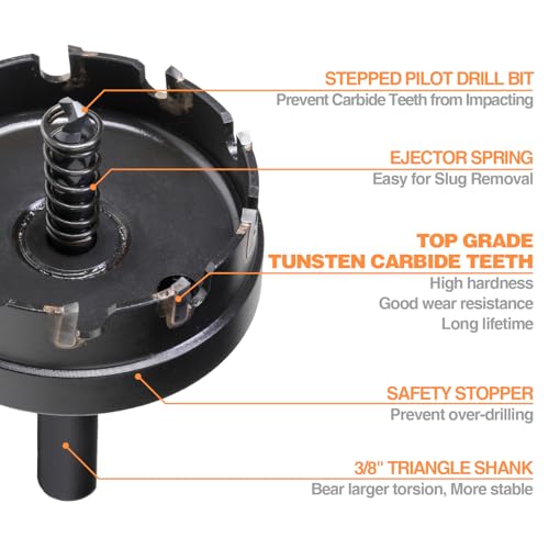 Tungsten Carbide Tipped Hole Cutter, 2-1/8 inch TCT Hole Saw, Oxided Coating with Tri-Flat Shank, 5mm Hole Depth Heavy Duty, for Stainless Steel, Mild Steel, Iron, Copper, Brass, Plastic 54mm | 2-1/8" Single Pack