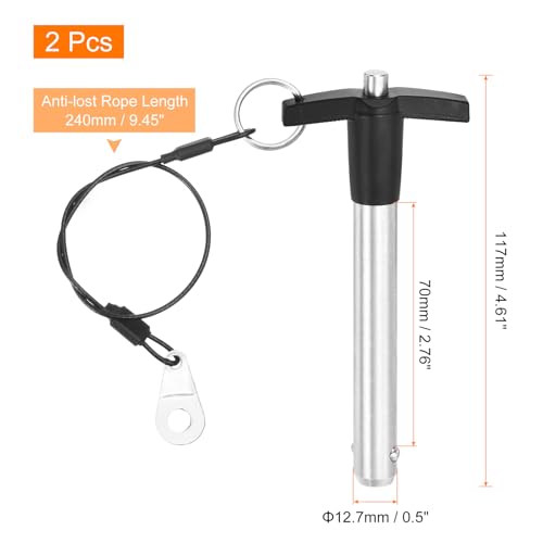 uxcell 2 Pcs T Handle Quick Release Pin, 12.7x70mm/1/2" x 2.76"(Dia. x L) 304 Stainless Steel Push-Button Quick Release Pin with Lanyard Cable for Audio Bimini Top Marine Hardware, Silver 12.7x70.0 mm