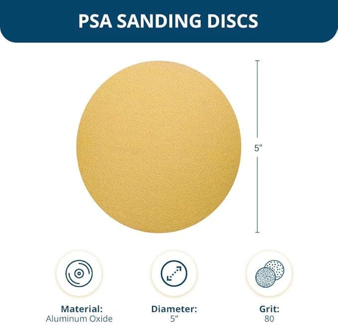 Benchmark Abrasives PSA Gold 5 Inch Self Adhesive Sanding Discs w/Aluminum Oxide Grains DA Sandpaper - 5 Inch Sanding Discs Roll - Surface Blending, Automotive, Orbital Sanders (100 Discs), 80 Grit