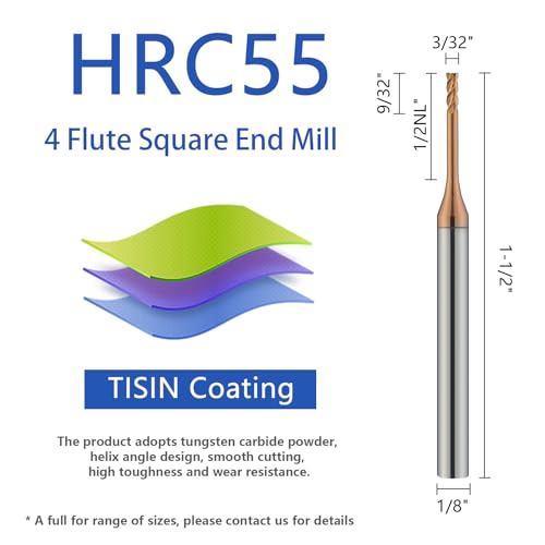 5pcs 3/32" Long Reach End Mill Square Nose Miniature 4 Flute for Steel 3/32x9/32x1/2NLx1/8x1-1/2"