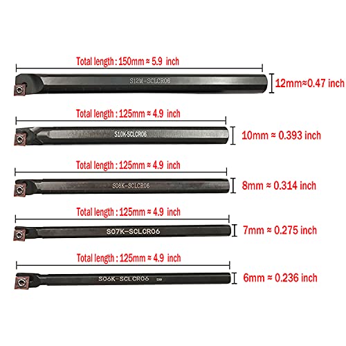 S06K/S07K/S08K/S10K/S12M-SCLCR06 Lathe Indexable Internal Boring Bar Set, Lathe Turning Tools Holder Set with CCMT21.51/CCMT060204 Carbide Indexable Boring Turning Inserts + 5pcs T8 Wrench 5pcs Sclcr06 Boring Bar Set