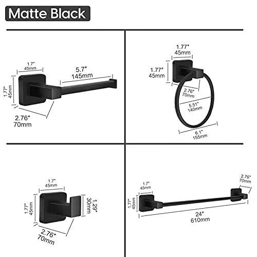 Bathroom Hardware Set 4 Pieces,Stainless Steel Matte Black Towel Bar Set, Includes 24In Towel Bar, Towel Ring, Robe Towel Hooks,Toilet Paper Holder, Bathroom Towel Rack Set 24Inch