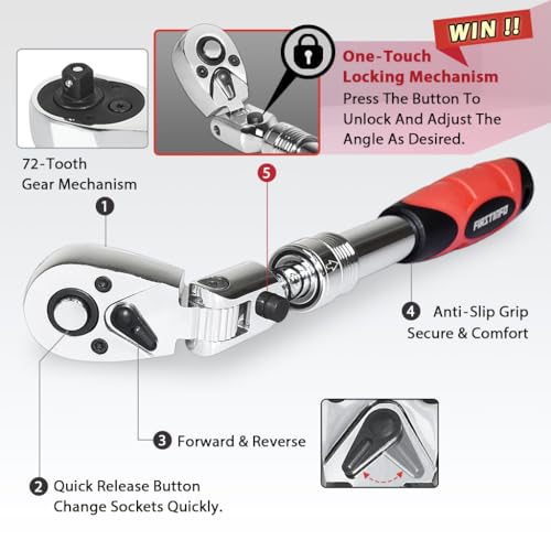 FIRSTINFO F3222NC 3/8-Inch Drive Locking & Flexible Extendable Ratchet Wrench Reversible, Soft-Grip with 72-Tooth Geared Action (Length: 10.2 to 14.1 inches)