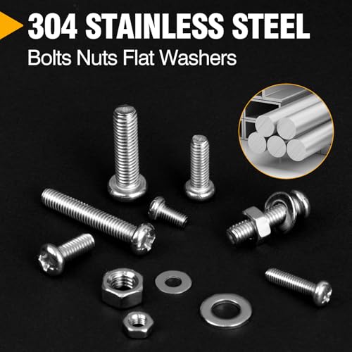 351pcs 304 Stainless Steel Cross Recessed Machine Screw Bolts Nut Washer Assortment Kit - (M3/M4/M5) 8 Sizes for Mechanical Assembly, DIY Projects, Electronics Repair.