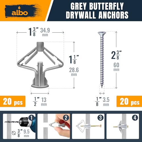 ALBO 120 Pcs. Drywall Anchors and Screws Kit, 3 Types, Gray and White Kit 3in1