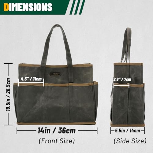 Tool Tote Bag, Heavy Duty 16oz Waxed Canvas Garden Tool Bag | Portable 11-Pocket Tool Storage Bag for Gardener Electrician Contractor Repairman (14"L x 5.5"W x 10.5"H) – Army Green ArmyGreen