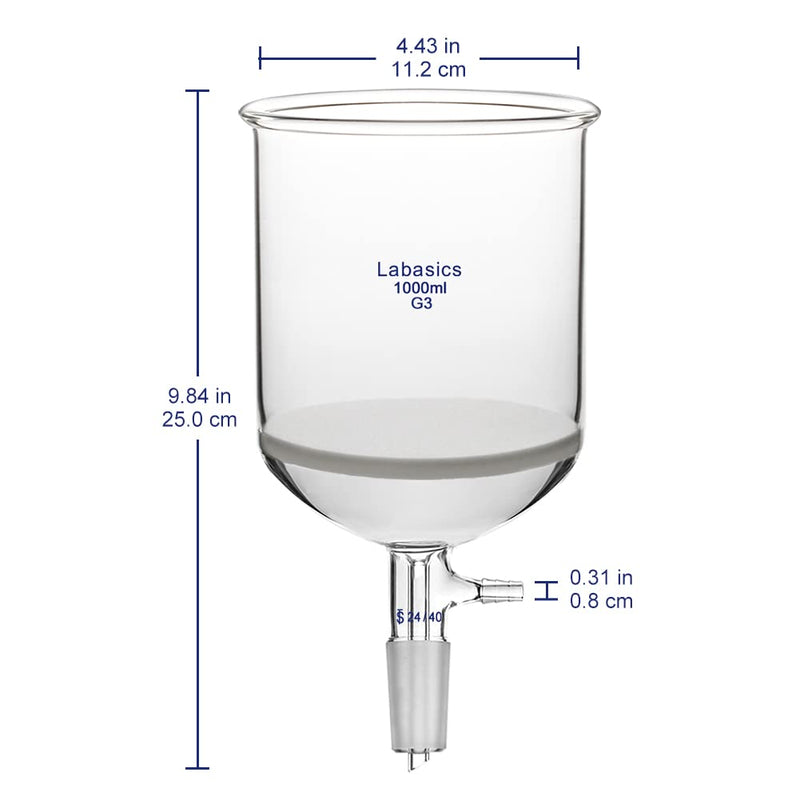 Labasics Borosilicate Glass Buchner Filtering Funnel with Coarse Frit (G1), 114mm Inner Diameter, 120mm Depth, with 24/40 Standard Taper Inner Joint and Vacuum Serrated Tubulation (1L) 1000 ml