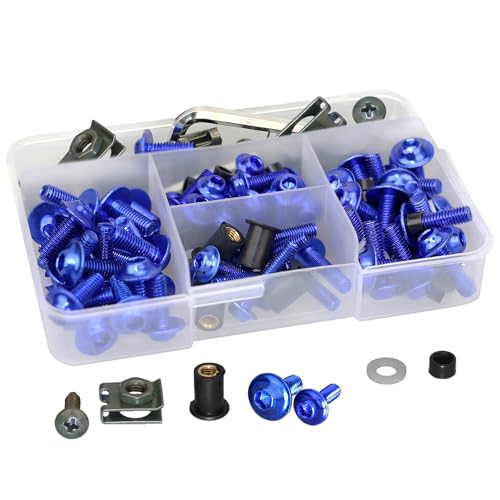 Motorcycle Universal Fairing Bolt Kit, 177 Pieces M5 M6 Aluminum Alloy Screw Fasteners, Washer Clip Combination (blue) blue
