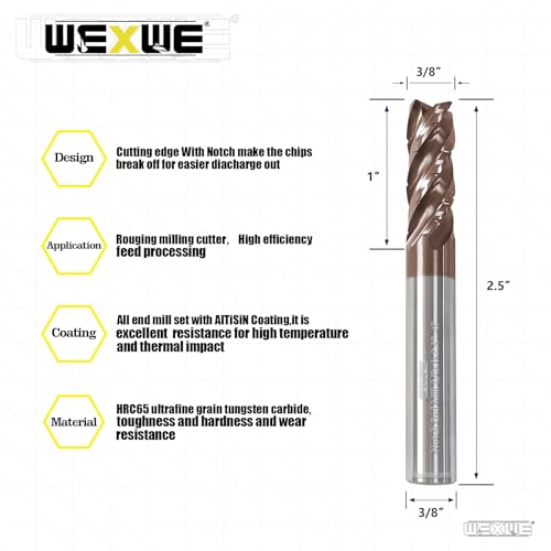 Tools Carbide Roughing End Mill with Notch Groove Square Carbide End Mills for Generral Steel,Alloy Steel,Cast Iron, Hardened Steel Cutting- 4 Flute Cutting Tools 3/8 Shank (3/8-2.5" 2PCS) Gang-End Mill 3/8-2.5" 2PCS