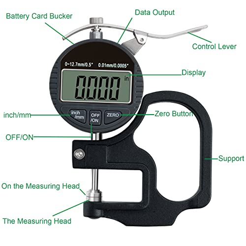 Digital Thickness Gauge 0.5 inch/12.7mm, 0.0005 inch/0.01mm Accuracy 0.5"/0.0005"