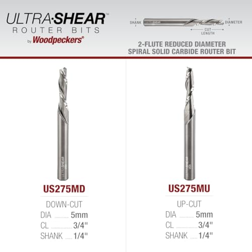 Solid Carbide Router Bits, 5MM CD, 1/4" SH, 3/4" CL, Down Cut, USA Made Spiral Bit for CNC, Hand & Table Routers US275MD