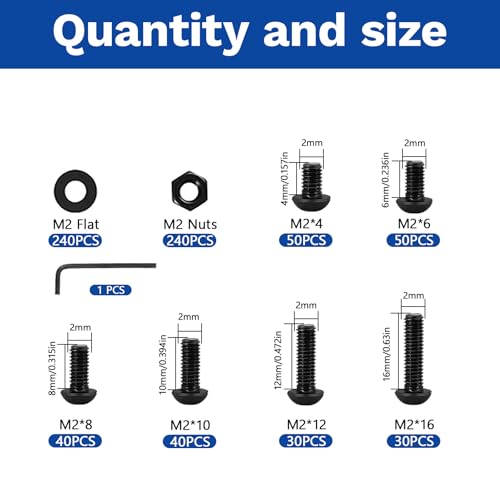 720 Pcs M2 Screws Assortment Kit, M2x4/6/8/10/12/16mm Metric Screws, Black Zinc Plated Steel Fasteners for Home & Workshop M2x4/6/8/10/12/16- 720Pcs