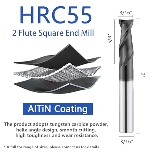 3/16" Tungsten Carbide Square End Mill 2 Flute Micro Grain Milling Bits Set,AlTiN Coating,for Milling Alloy Steels,Cast Iron,Carbon Steel(5PCS) 3/16 in 5