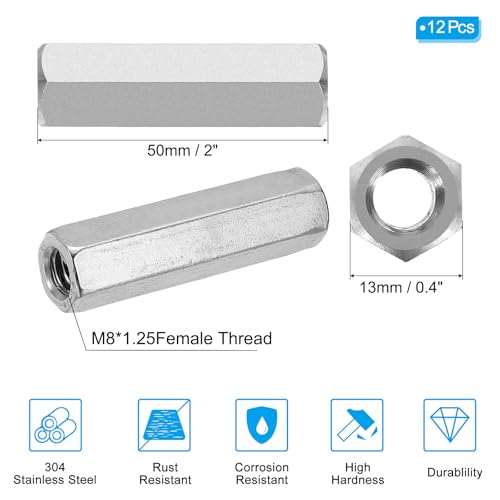 PATIKIL M8 x 1.25-Pitch 304 Stainless Steel Hex Coupling Nuts, 12Pcs 50mm/ 2" Length Coarse Fully Threaded Rod Coupling Nut Studding Connector Fasteners, Silver Tone M8-1.25 x 50mm