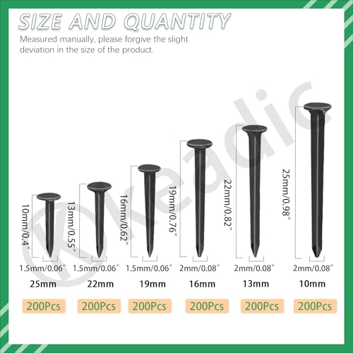 Keadic 1200Pcs Black High Strength Nails Kit, 10/13/16/19/22/25mm Black Shoes Nails Assortment Kit Metal Nails Tacks Anti-Slip Carbon Steel Nails Tacks Replacement for Boots Leather Repairs