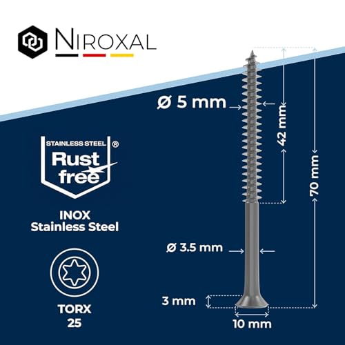 #10-2-3/4" Exterior Wood & Fence Screws 5x70mm Stainless Steel Flat Head Deck Screws Partial Thread 5mm Strong 70mm Long 100 Pieces Rust Resistant A2 70 mm ≈ 2.76 in