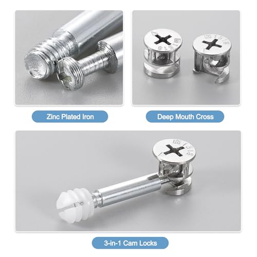 uxcell 45Set 15x14mm Furniture Cam Lock Fitting with 5.8x35mm Dowel Fasteners, 3-in-1 Metal Furniture Board Connecting Screws Bolts Assortment Kit for Cabinets Chairs Drawer 5.8 x 35mm 45