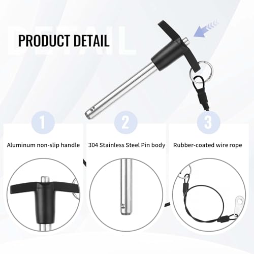 4 Pack T Handle Quick Release Pin 3/8 Inch Diameter,304 Stainless Steel Ball Locking Pin with Push Button Lanyard Usable Length 1.57"(9.5mm x 40mm) 9.5mm-40mm 4