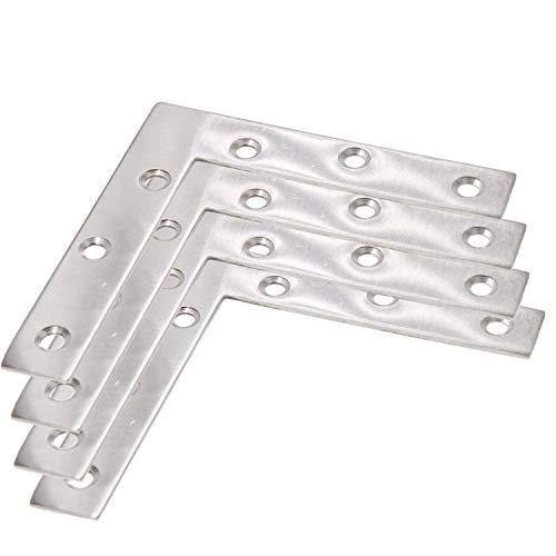 4 Pack Stainless Steel L Shape Flat Corner Bracket Plate - Repair Mending for Wood, Metal Fixing, Joining Support Brace for Shelves, Furniture and Cabinet (120x120mm) 120 x 120 mm