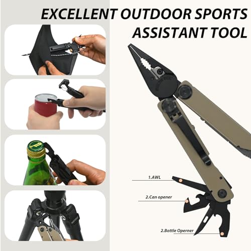 23-in-1 Multitool Pliers - Multi tool Pocket Knife with Screwdriver, Fire Starter, Saw, Whistle, Wire Stripper, Survival Gear for Hunting and Camping with Nylon Sheath (Brown) 23-in-1 Brown