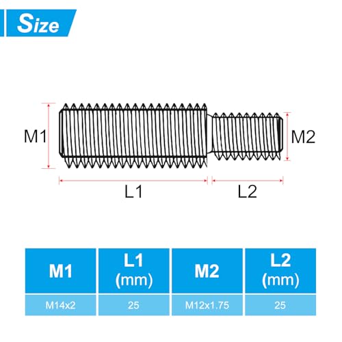 PATIKIL M12x25mm to M14x25mm Double End Threaded Stud Screw Bolt, 5 Pack 304 Stainless Steel Rod Bolts Thread Reducer Adapter for Furniture Hardware