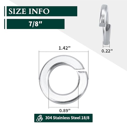 7/8 Inch Split Lock Washer, 304 Stainless Steel 18-8 Spring Lock Washer for 7/8" Screws, Bright Finish, 20-Pack 7/8"