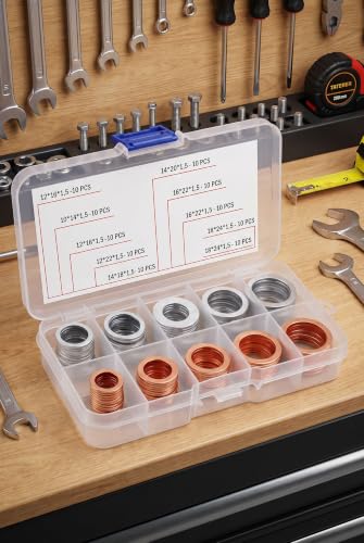 100 PCS Oil Drain Plug Crush Washers, M10 M12 M14 M16 M18 Assortment Kit, Mixed Copper and Aluminum Sealing Gaskets with Plastic Storage Box, Universal Car Oil Pan Drain Plug Replacement