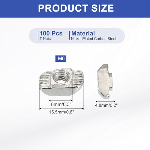 PATIKIL 3030 Series M6 t Nuts, 100pcs t Slot Nut Hammer Head Fastener Nut, Nickel Plated Carbon Steel Nut for Aluminum Profile l Silver