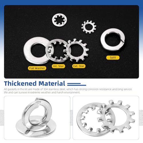 Glarks 400pcs #6#8#10 1/4” 5/16” 3/8” External & Internal Star Washer and Split Lock Washer with Flat Washers Set, 304 Stainless Steel Stars and Split Washers #6, #8, #10, 1/4", 5/16", 3/8"