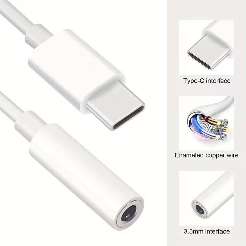 USB Type-C to 3.5mm Headphone Adapter, Digital Type-c to Aux Cable with DAC Chip USB Type C to 3.5mm Headphone Jack Adapter (White) White