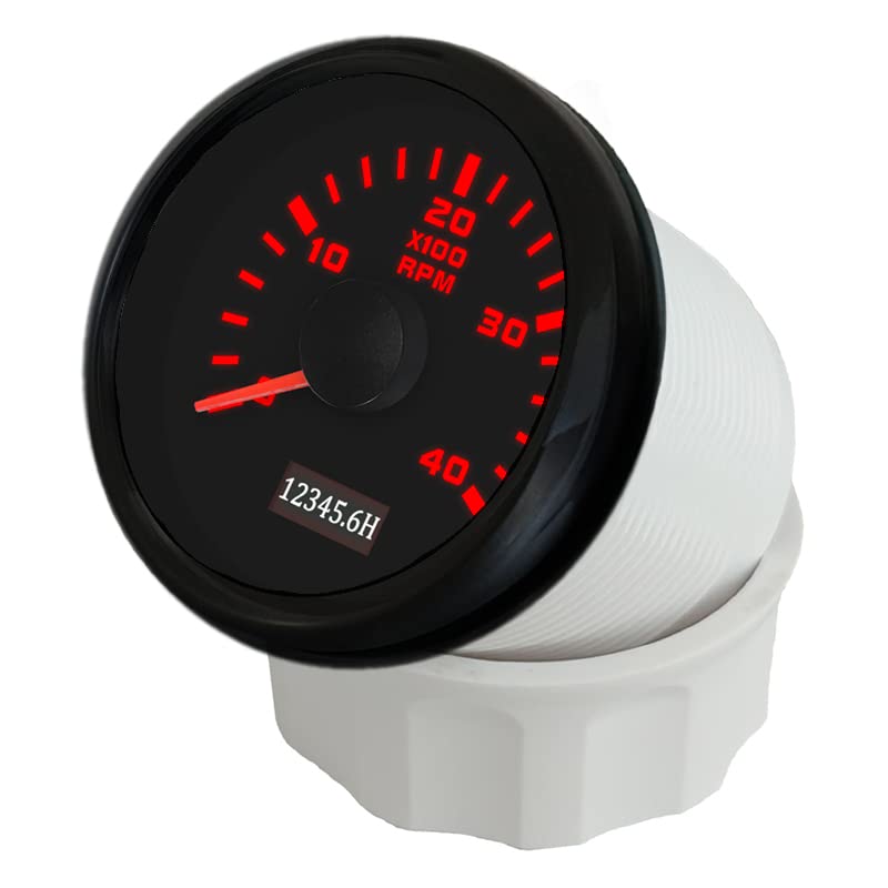 ELING 52mm Diesel Engine 4000RPM Tachometer Gauge with Hour Meter 12V 24V with Red Backlight for Truck RV Black+Black 0-4000RPM