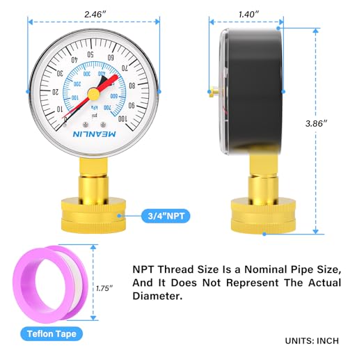 MEANLIN MEASURE 0~100Psi 3/4" Female Water Pressure Test Gauge, 2.5" FACE DIAL with Red Indicator Hands, Hydraulic Tester Suitable for Gardens, Water Pipes Black 0-100Psi (Red Pointer)