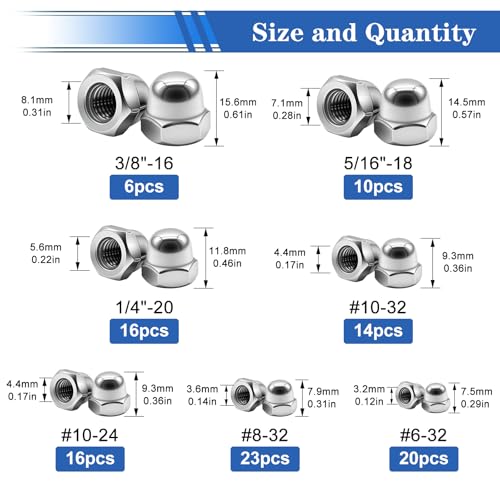 smseace 105Pcs 304 Stainless Steel SAE Acorn Nuts Assortment Kit Silver-105Pcs