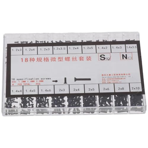 FEIYING Small Screws Assortment Kit, 18 Kinds M1.2 / M1.4 / M2.0 Mini Micro Screws Set, Black Repair Screws for Sunglasses, Glasses, Watches, Clocks (Round Head & Countersunk Head)
