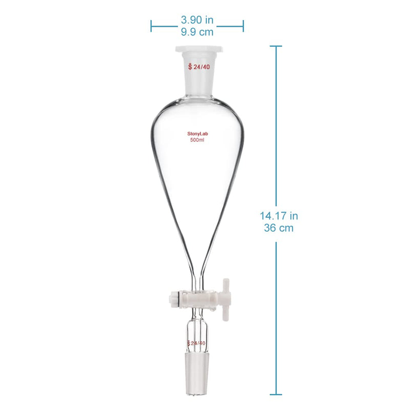 stonylab 500 mL Conical Pear-Shaped Separatory Funnel with PTFE Stopcock, Heavy Wall Borosilicate Glass, Top & Lower 24/40 Joints – Lab Liquid Separation 500.0 milliliters 1 XMK-Sep-Funnel-24/40-500ml