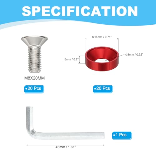 PATIKIL M8 Finish Countersunk Washer Kit, 20 Set Aluminum Alloy Flat Cup Head Screw Bolt Gasket for Mechanical Accessories Parts DIY Models, Wine Red