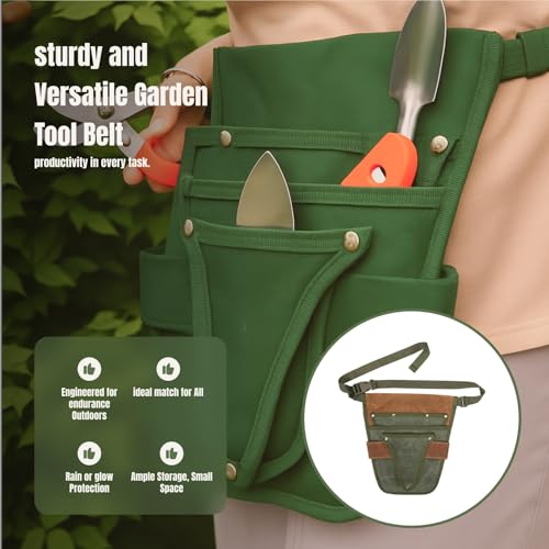 Garden Tool Belt Tool Waist Pouch Heavy Duty Waxed Canvas Adjustable DIY Utility Belt Apron Garden Waist Belt for Florists, brown green