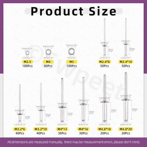 Swpeet 560Pcs Silver 3/32" 1/8" 5/32" 3/16" Pop Rivets Assortment Kit with Stainless Steel Backup Washers, Assorted Aluminum Blind Rivets with Divider Labeled Case for Storage
