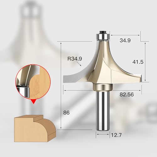 HUHAO Roundover Router Bit,1/2" Shank,1-3/8-Inch Radius Round Over Edge Forming Router Bit CNC Router Bits for Round Edging, Cabinet Edges Radius 1-3/8"- Shank 1/2"