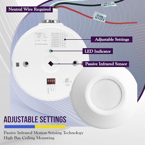 ENERLITES High Bay Ceiling Motion Sensor, Passive Infrared PIR Ceiling Sensor, 360° Field of View, 2800 Sq Ft Coverage, 120-277VAC, Neutral Wire Required, Commercial/Industrial Grade, MPC-50H, White 1 Pack