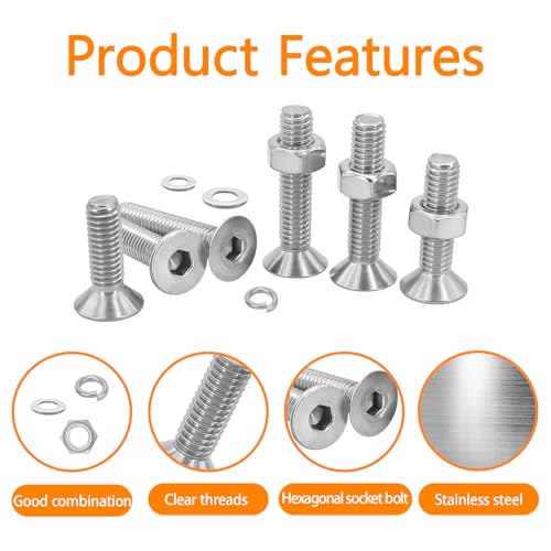 1200 Pcs Countersunk Head Hexagon Socket Screws Bolts and Nuts and Washers Assortment Kit, M3 Metric Stainless Steel Bolts and Machine Screws and Nuts and Washers Set for Home Industrial M3x6/8/10/12/14/20/25/30-1200Pcs