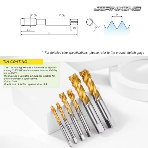 Professional M35 HSS-E Spiral Flute Tap Set 5/16"-18UNC, OH3 Limit, TiN Coated for Stainless Steel, Aluminum & Copper, 3 Flutes, 70mm Length（2 pcs） 2