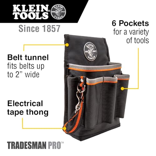 Klein Tools 5241 Tool Pouch, Tradesman Pro Tool Pouch with Electrical Tape Thong and Heavy Duty Reinforced Bottoms, 6-Pocket 6-Pocket Pouch