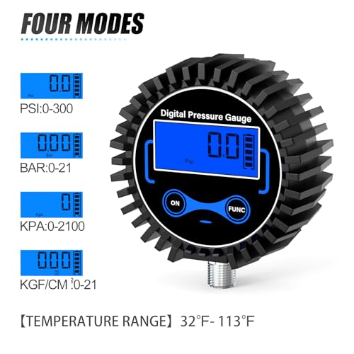 MEANLIN MEASURE 0-300PSI Digital Pressure Gauge with Rubber Cover, Lower Mount, Accuracy 1%, Resolution 0.1psi, with 1/8" x 1/4" and 1/8" x 3/8" NPT Hex Bushing 0 - 300 PSI Lower Mount (1/8 NPT)