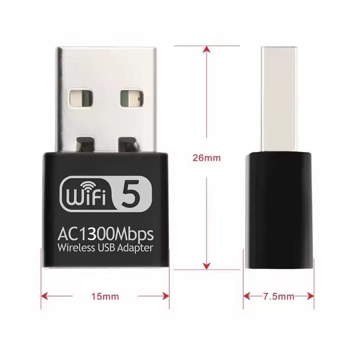 Generic 1300Mbps USB WiFi Adapter for Desktop PC Laptop AC1300Mbps Dual Band 2.4/5GHz Wireless USB Adapter Compatible with Windows 11/10/8.1/8/7/XP Mac OS Linux, 1.02x0.6x0.29 inch, Black