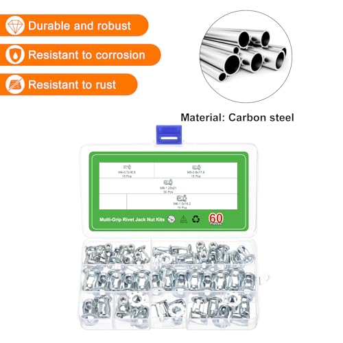 uxcell 60Pcs Multi-Grip Rivet Jack Nut, M4-0.7, M5-0.8, M6-1.0, M8-1.25 Petal Blind for Plastic Pressboard Hardboard Door Anchors Aluminium Cladding Steel Pipe 60