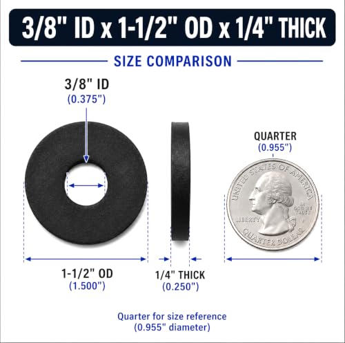 3/8" ID x 1-1/2" OD x 1/4" Thick Nitrile Rubber Washers, Vibration Isolation Spacers for Equipment Mounting, Machinery, Electrical Enclosures, Compressors & Pumps 5 Pack