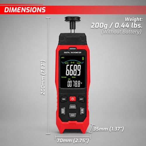 Digital Tachometer Non-Contact & Contact RPM Meter Datalogger, 3-100,000 RPM Laser Tachometer with 2,000 Data Logging Function, Surface Speed & Length Measurement, Includes Reflective Tape and Probes