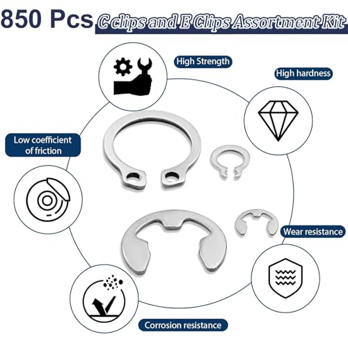 ZQZ 850Pcs C Clips and E Clips Assortment Kit, External Retaining Rings Set Silver Stainless Steel 850pcs E-clips+C-clips